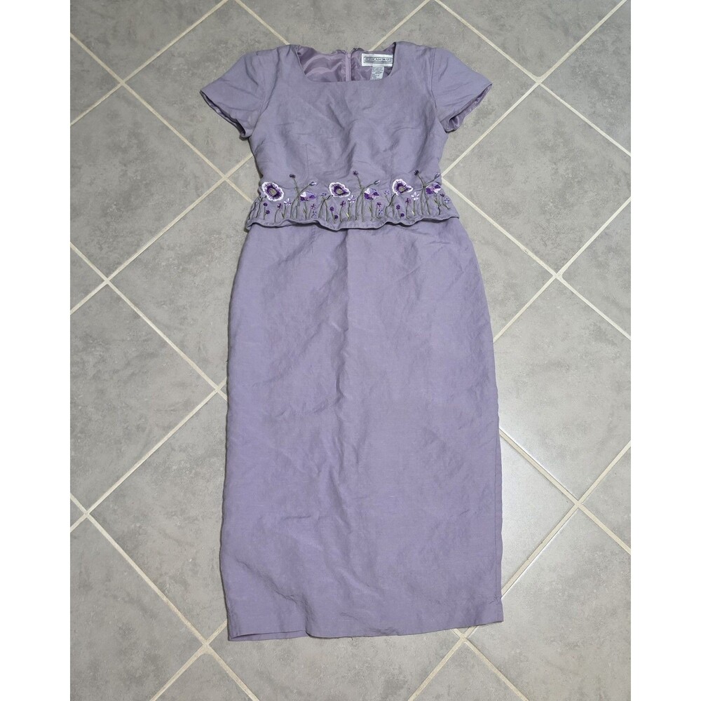 Vintage Jessica Howard Lavender Linen Blend Floral Embroidered Peplum Dress Sz 6